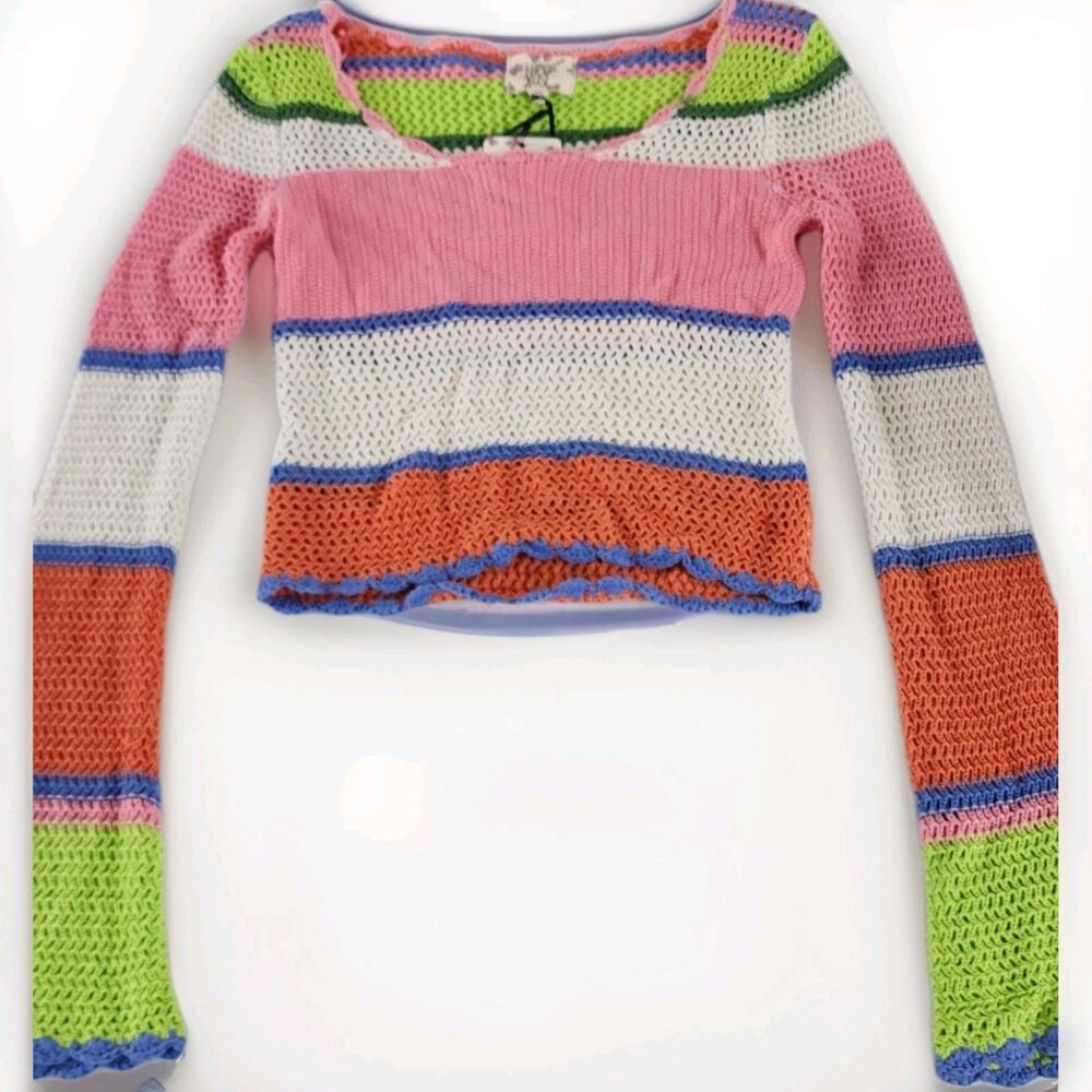 NEW Hippie Rose Junior Size XS Multicolor Bright Crochet Striped Sweater NWT Hip